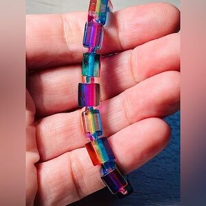 Small Handmade Eye-catching Rectangular Cubed Rainbow Stretch Bracelet